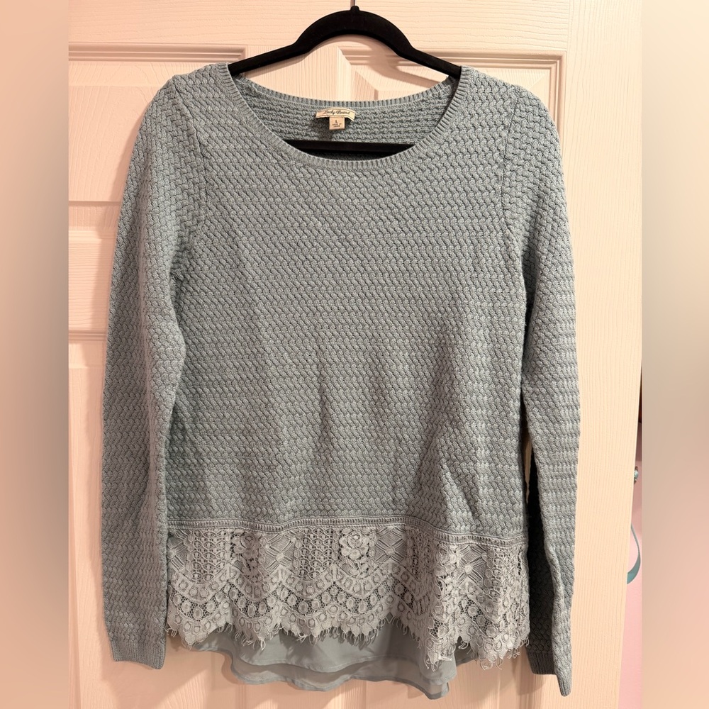 Lucky Brand Light Blue Gree Cotton Blend Textured Sweater with Lace Chiffon Hem
